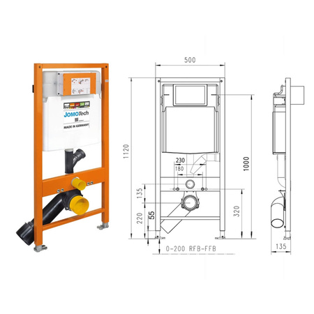 Stelaż WC JOMOTech Exclusive 2.0 - czarny mat, wysokość 1120mm, z wsparciem i przyciskiem