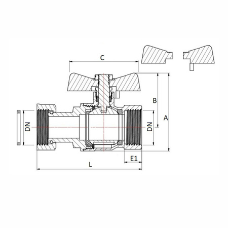 INVENA Zawór kulowy prosty PROV 3/4" z półśrubunkiem czerwony/niebieski motylek Z PÓŁŚRUBUNKIEM Z NIEBIESKIM I CZERWONYM MOTYLKIEM 3/4" TYP CIĘŻKI PROV