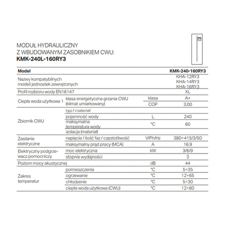  KAISAI Pompa ciepła split 16 kW z modułem hydraulicznym z zasobnikiem CWU