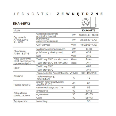  KAISAI Pompa ciepła split 16 kW z modułem hydraulicznym z zasobnikiem CWU