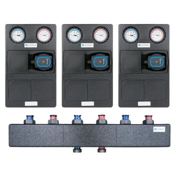 Zestaw trzech grup pompowych PrimoTherm K 180-1 DN25 + pompa AFRISO APH oraz rozdzielacza KSV 125-3, do 70 kW, dla 3 obiegów