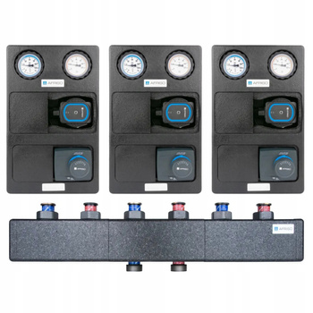 Zestaw trzech grup pompowych PrimoTherm K 180-1 DN25 + pompa APH i PrimoTherm K 180-2 DN25, pompa AFRISO APH oraz rozdzielacza KSV 125-3, do 70 kW, dla 3 obiegów