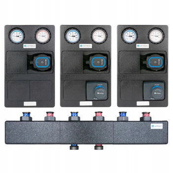Zestaw trzech grup pompowych PrimoTherm K 180-1 DN25 + pompa APH i PrimoTherm K 180-2 DN25, pompa AFRISO APH oraz rozdzielacza KSV 125-3, do 70 kW, dla 3 obiegów
